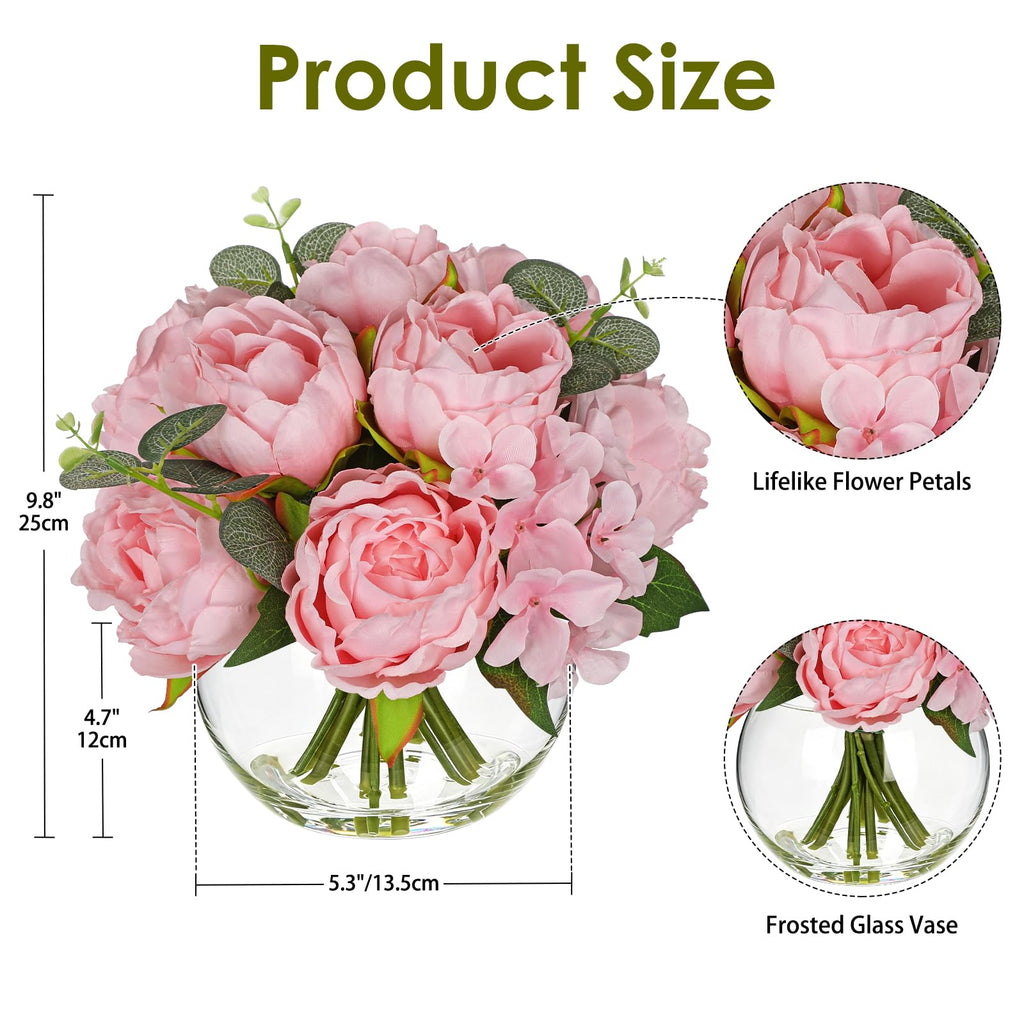 Pink Peonies Artificial Flowers in Vase Peony Fake Flowers Silk Flower Arrangements with Glass Vase with Faux Water