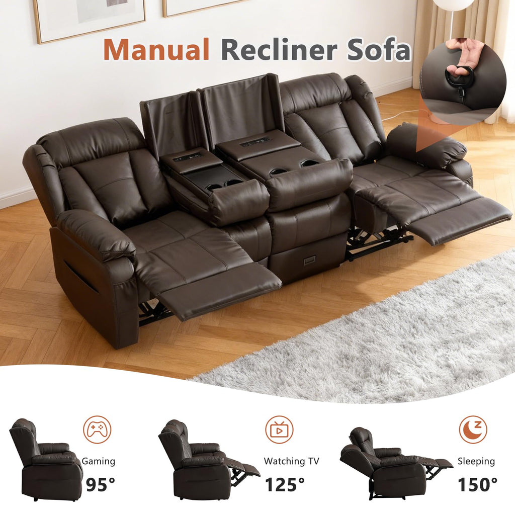 3-Seat Manual Reclining Sofa with Console, Faux Leather, Dark Brown