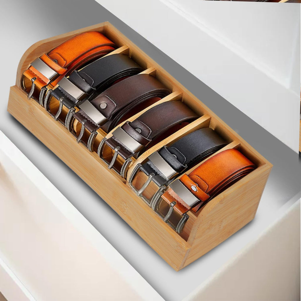 Belt Organizer, 6 Compartments Belt Organizer for Closet and Drawer, Bamboo Display Case for Tie and Belt, Belt