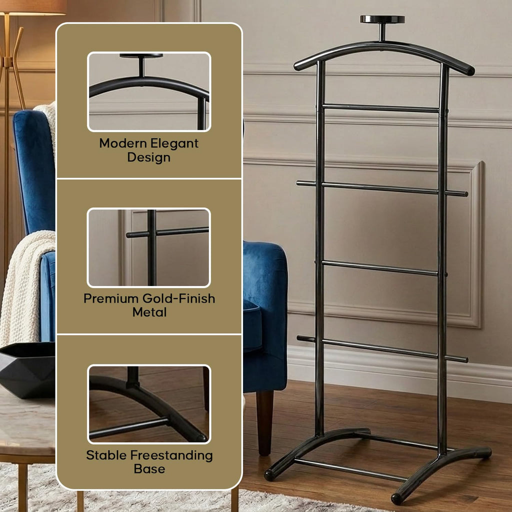 Freestanding Metal Suit Valet Stand with Tie Bar, Black