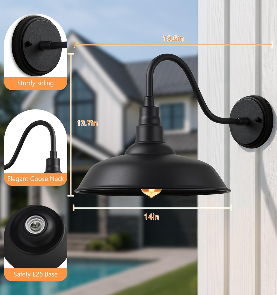 14" Outdoor Barn Gooseneck Lights, Large Farmhouse Fixtures, 2-Pack