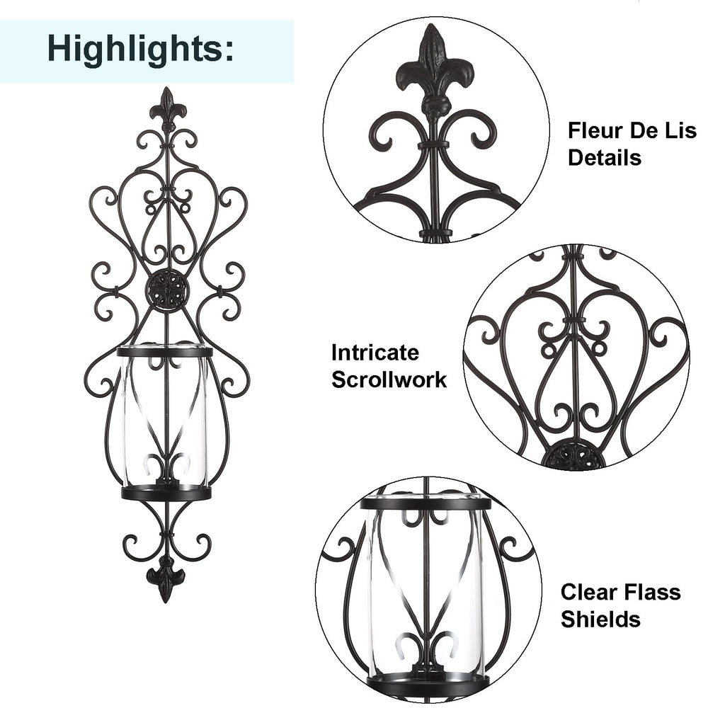 24" Hurricane Wall Sconces Set of Two, Iron & Glass Sconces for Candles