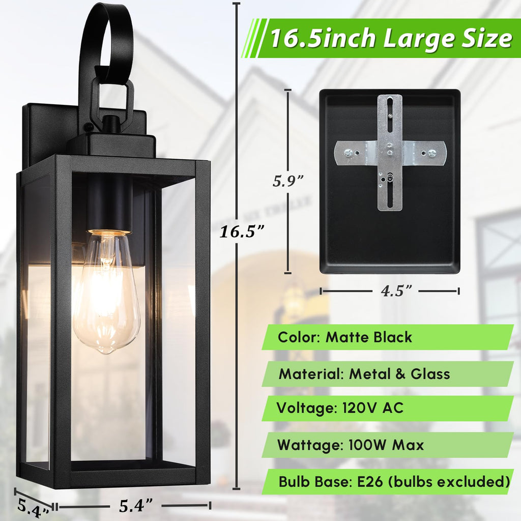 16.5" Large Outdoor Wall Light Fixtures, Modern Black Porch Lights