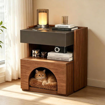 Cat House Nightstand, 2-in-1 Modern End Table with Hidden Cat Condo, Storage Drawer & Open Shelf, Wooden Pet
