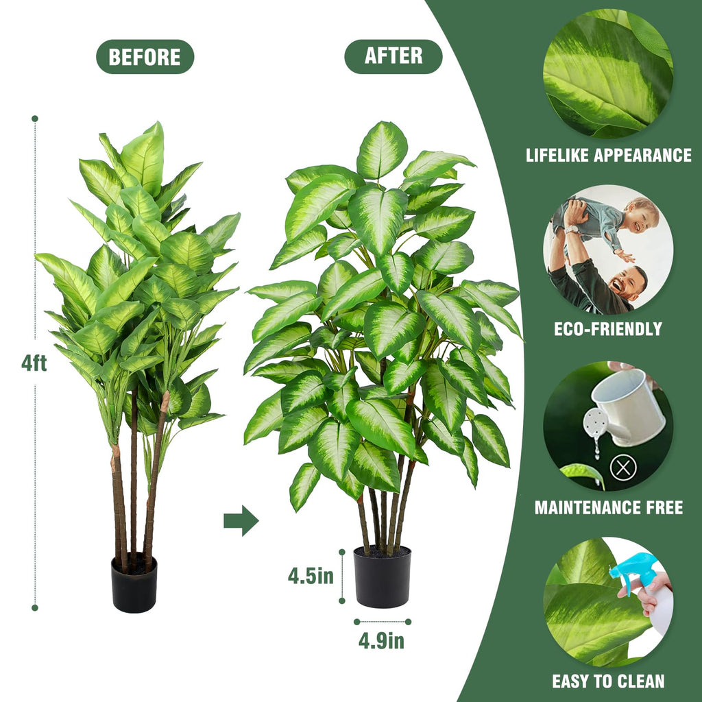 Artificial Golden Dieffenbachia 4ft Tall Artificial Plants Indoor Decorative Silk Plants Potted Faux Tropical Tree