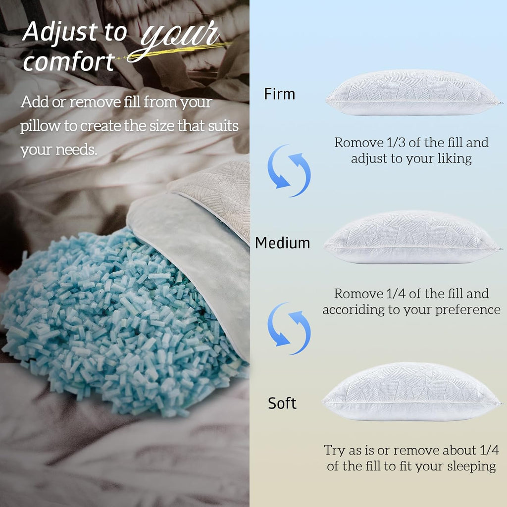 Cooling Pillows Queen Size Set of 2, Shredded Memory Foam Pillows Cool for Hot Sleepers, Adjustable Firm Soft Support