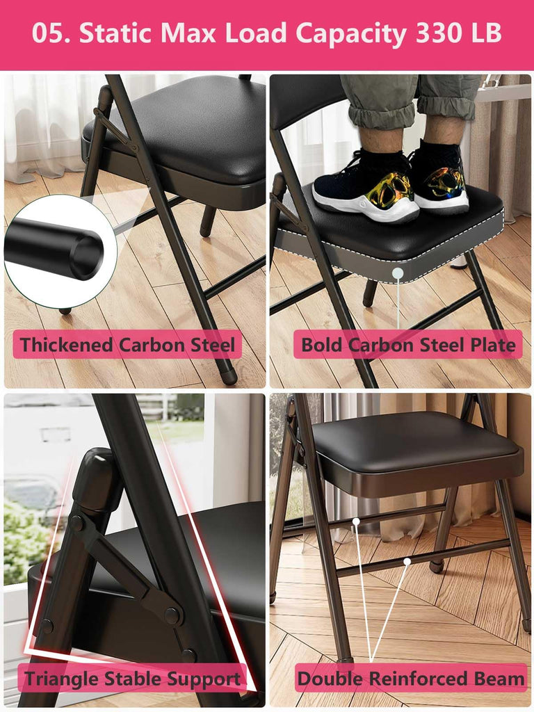 Black Padded Folding Chairs with Cushion 4 Pack, Heavy Duty Steel
