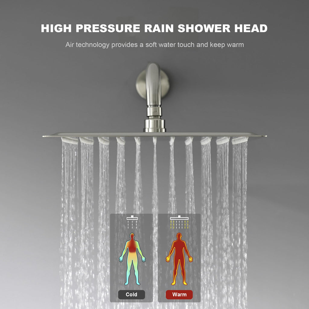 Shower Faucet Set - 12 inches Rain Shower System with 6 Function Handheld Shower Head Rough in Pressure Balance Valve