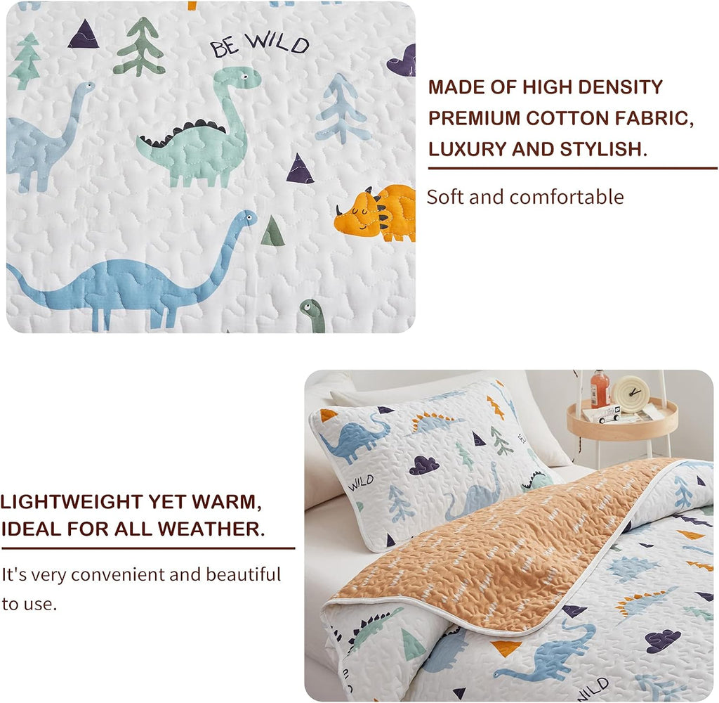 2-Piece Cotton Quilt Set Twin, Cute Dinosaur Reversible Design for Kids Boys Girls, Breathable Skin-friendly Quilt