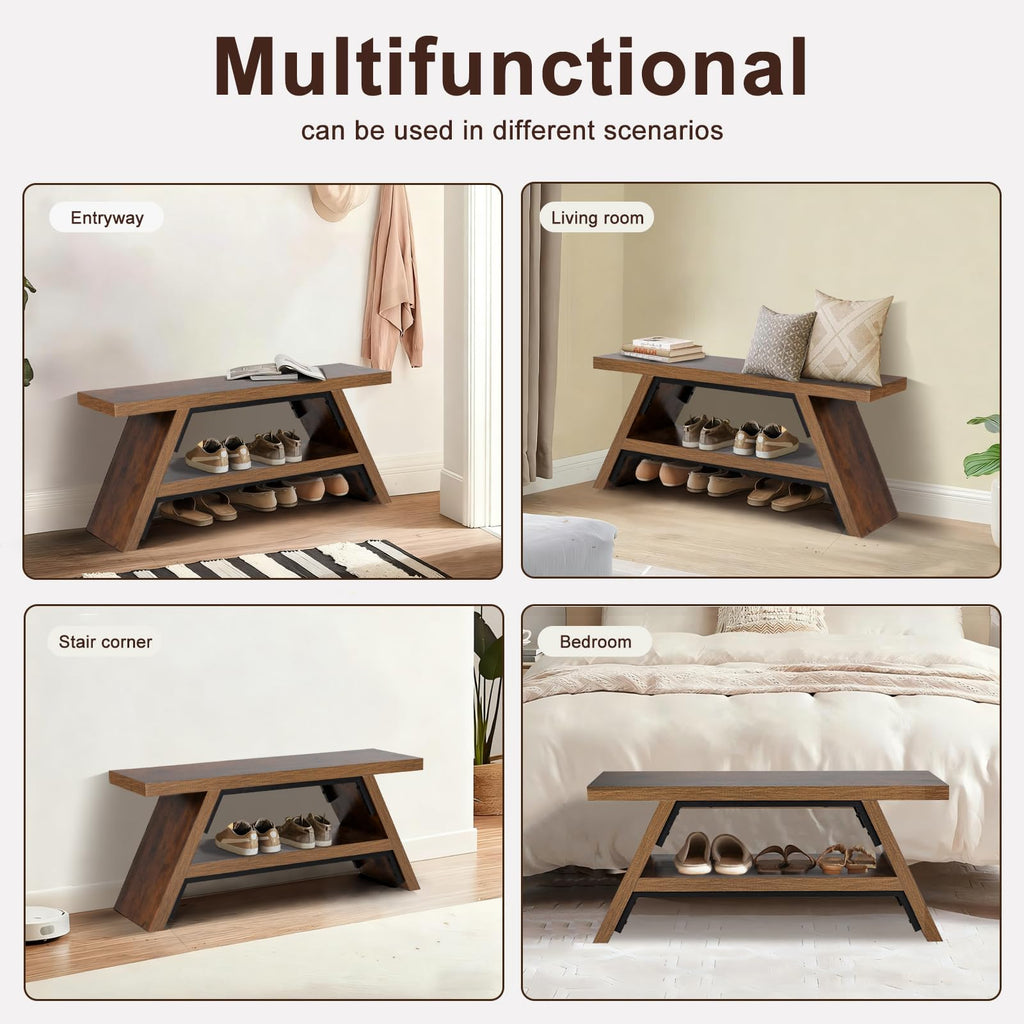 2-Tier Shoe Storage Bench, 40" Solid Wood Entryway Stool Storage