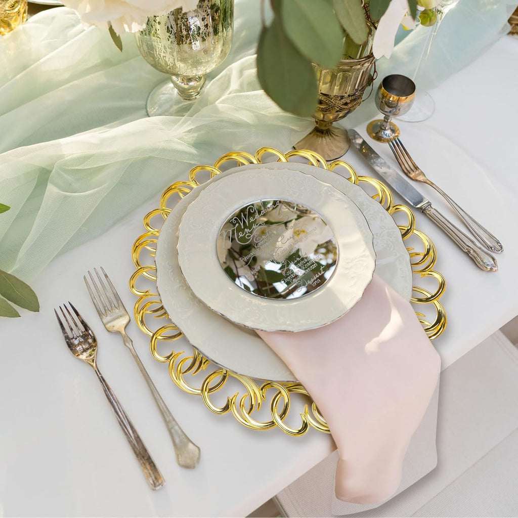 Inch Gold Charger Plates Bulk Mirror Chargers with Entwined Swirl Rim Round Dinner Chargers Glass Charger - Set of 12