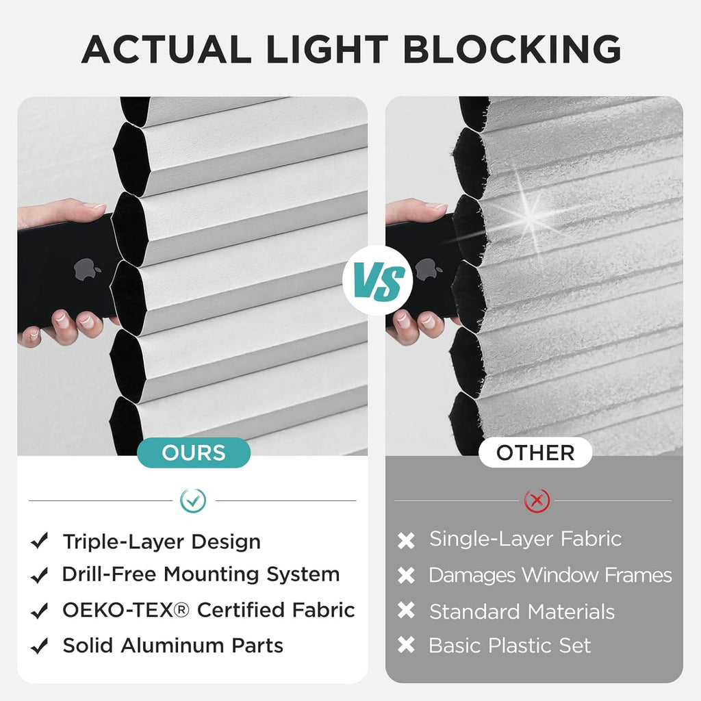 No Tools No Drill Blinds for Indoor Windows, Cordless Window Blinds Cellular Shades Top Down Bottom Up Blackout