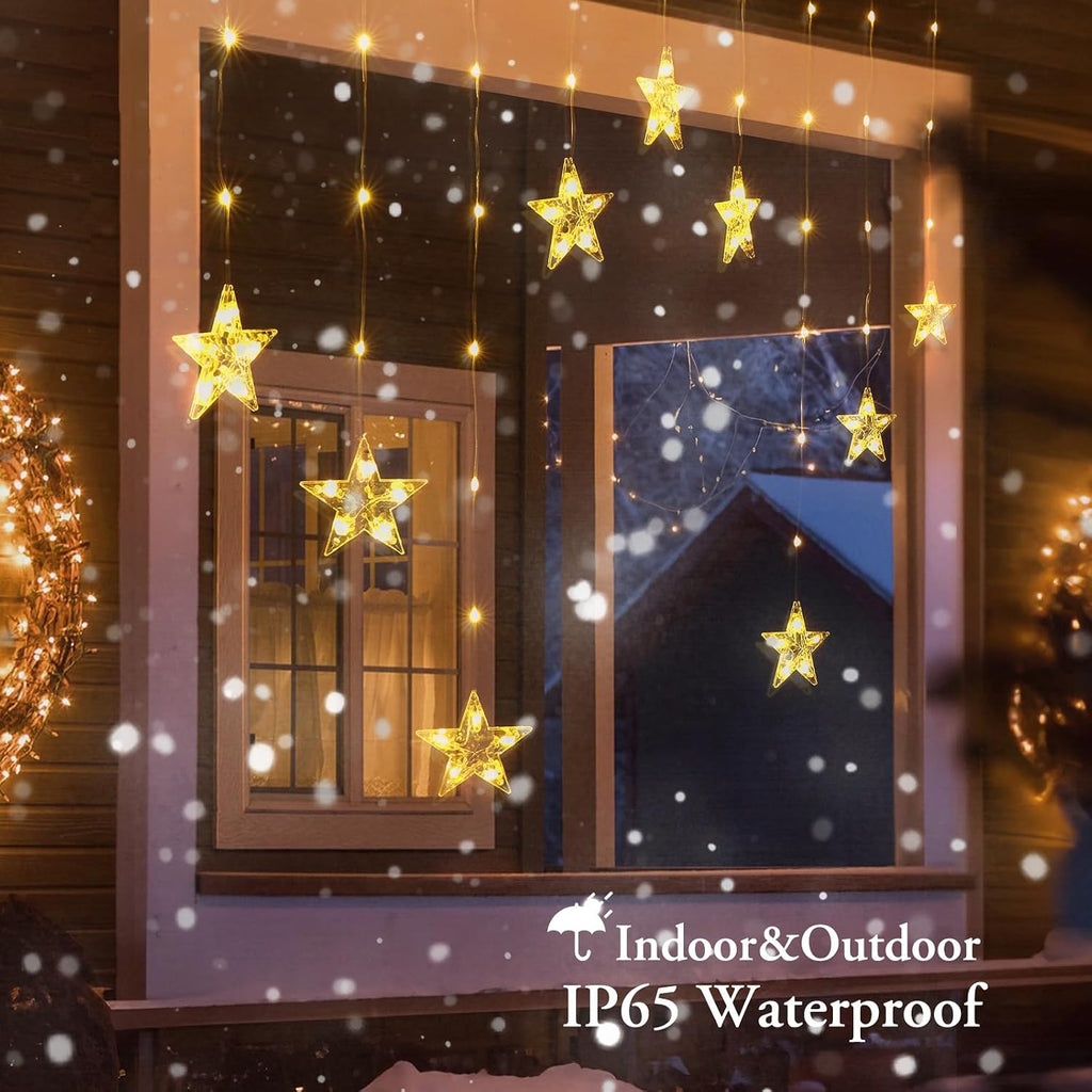 Star Christmas Window Lights, 76 LEDs 9 Stars Curtain Lights Battery Operated with Timer, 8 Mode Xmas Hanging Window