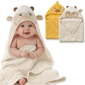 Muslin Baby Hooded Towel 2 Pack, Soft & Absorbent Bath Towel for Infant, Toddler, Unisex, Baby Gift, Newborn
