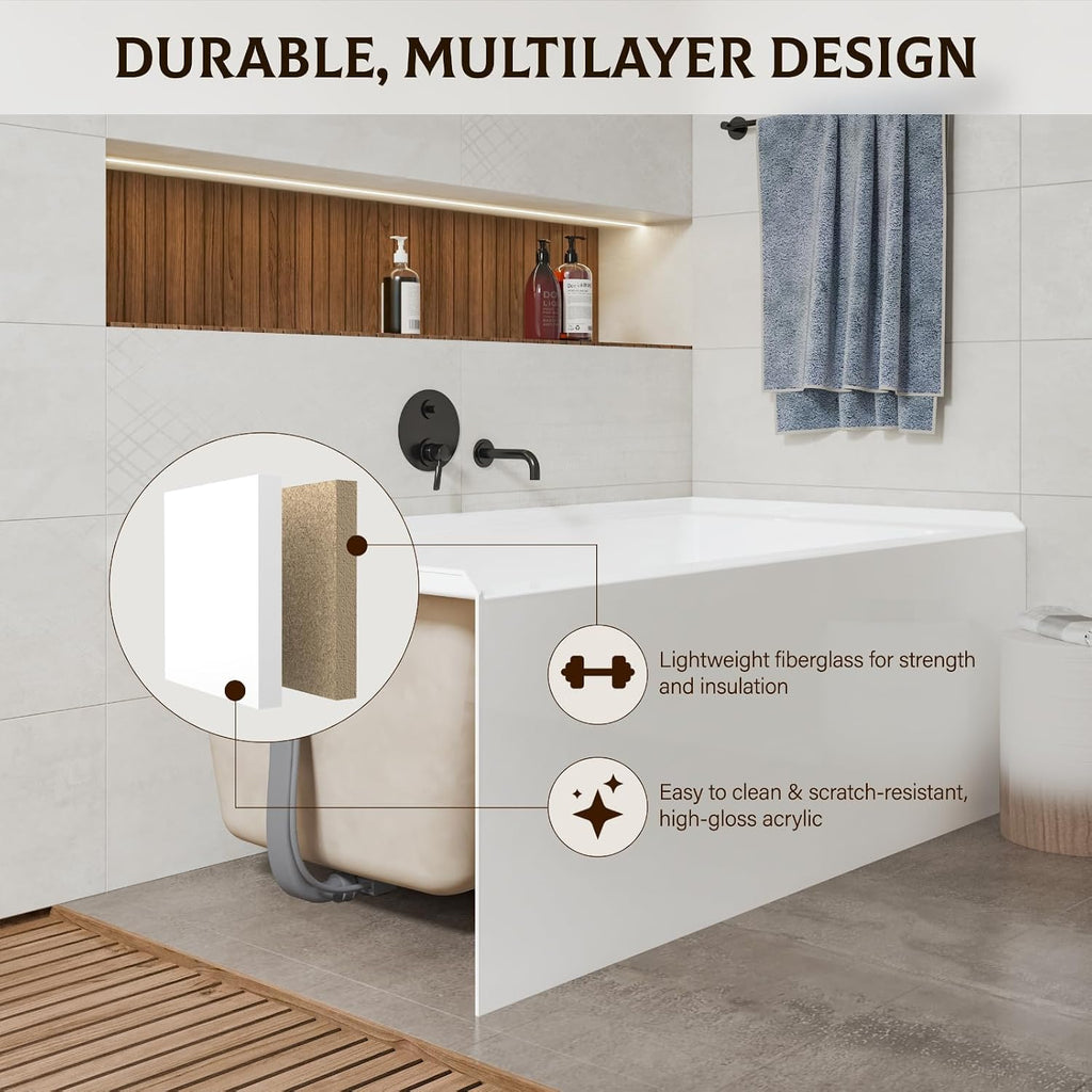 60 Inch Alcove Soaking Bathtub, Rectangular Acrylic Tub with Integral Apron, Left Drain, Glossy White Finish, Brushed