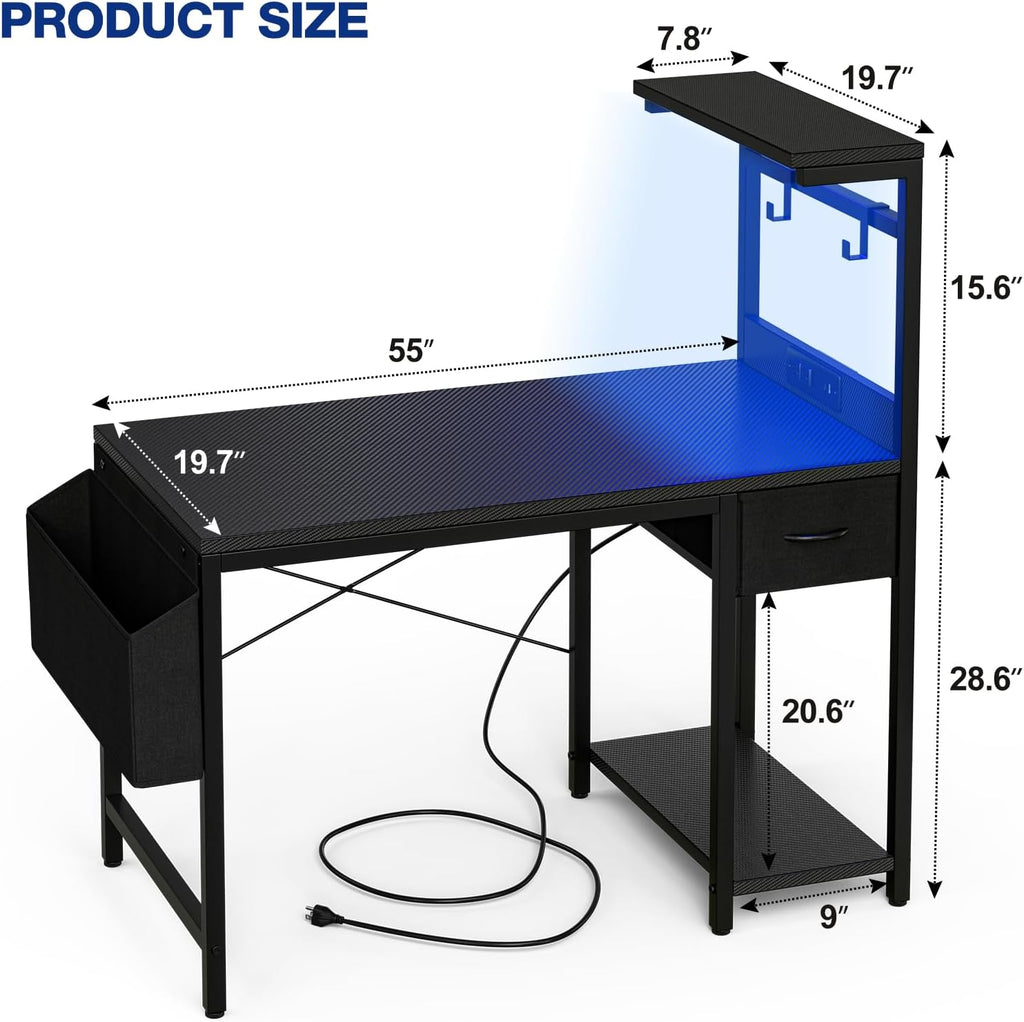 Gaming Desk 55 Inch with Power Outlet and LED Light, Computer Desk with Reversible Shelves and Storage Drawer, Pc