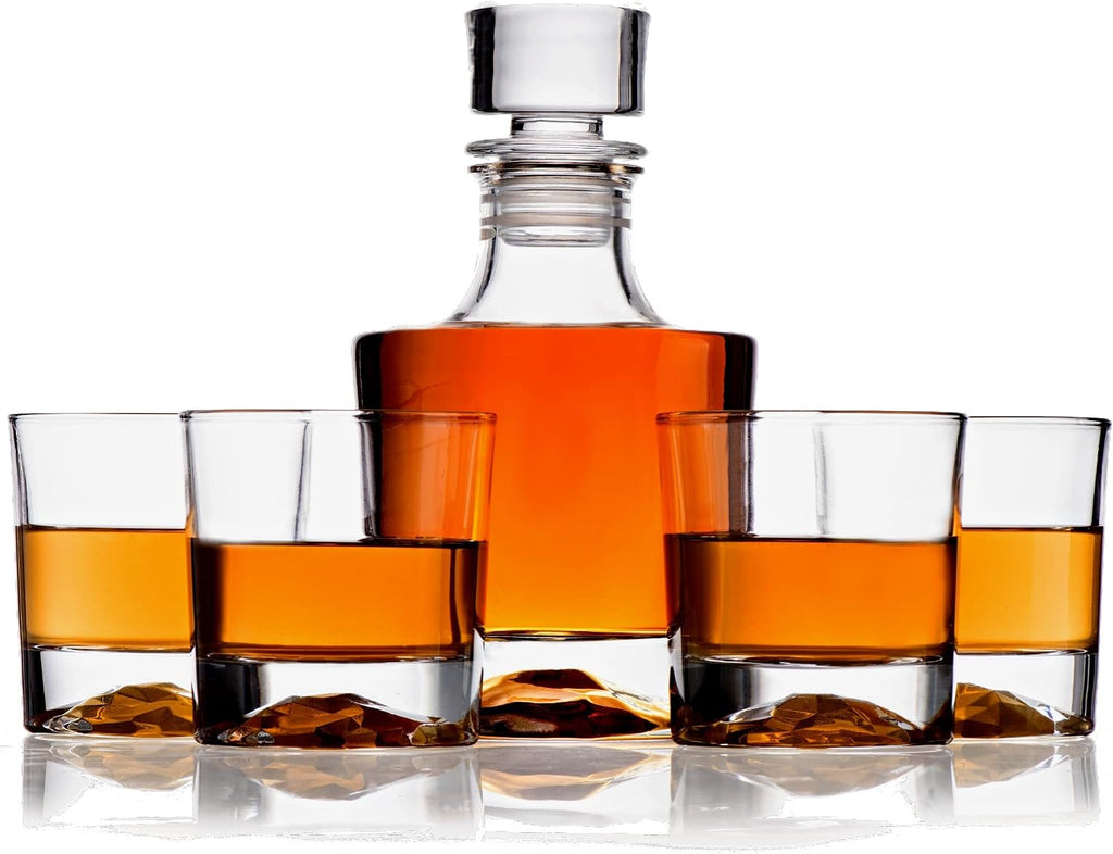 Whiskey Decanter Glasses Gift Set - 4 Whiskey Glasses - Airtight Stopper for Wine, Bourbon, Brandy, Juice, Water - Set of 5