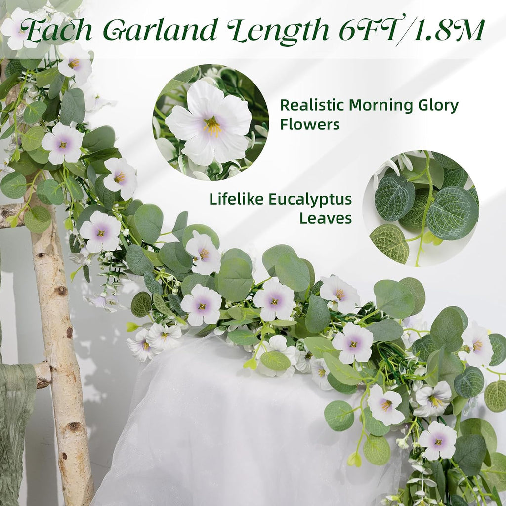 Artificial Eucalyptus Garland with Morning Glory Flowers, 2 Pack Faux Eucalyptus Leaves Greenery Garland Hanging - Set of 2