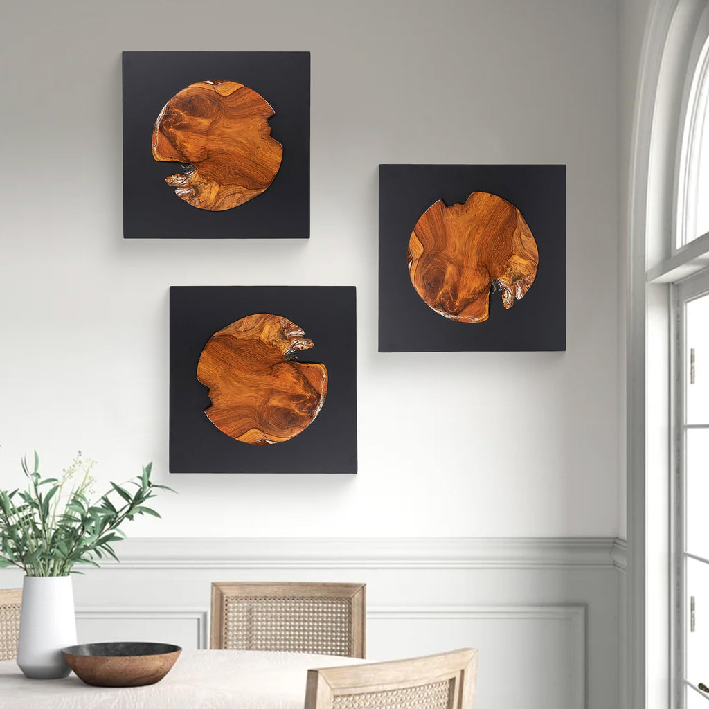 Teak Wood Wall Art Décor 17" Live Edge Caved Round Slice Pattern