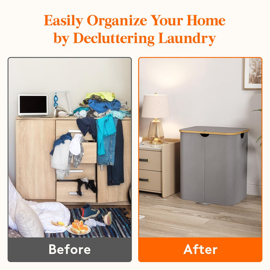 120L Double Laundry Hamper with Lid and Removable Bag, Gray