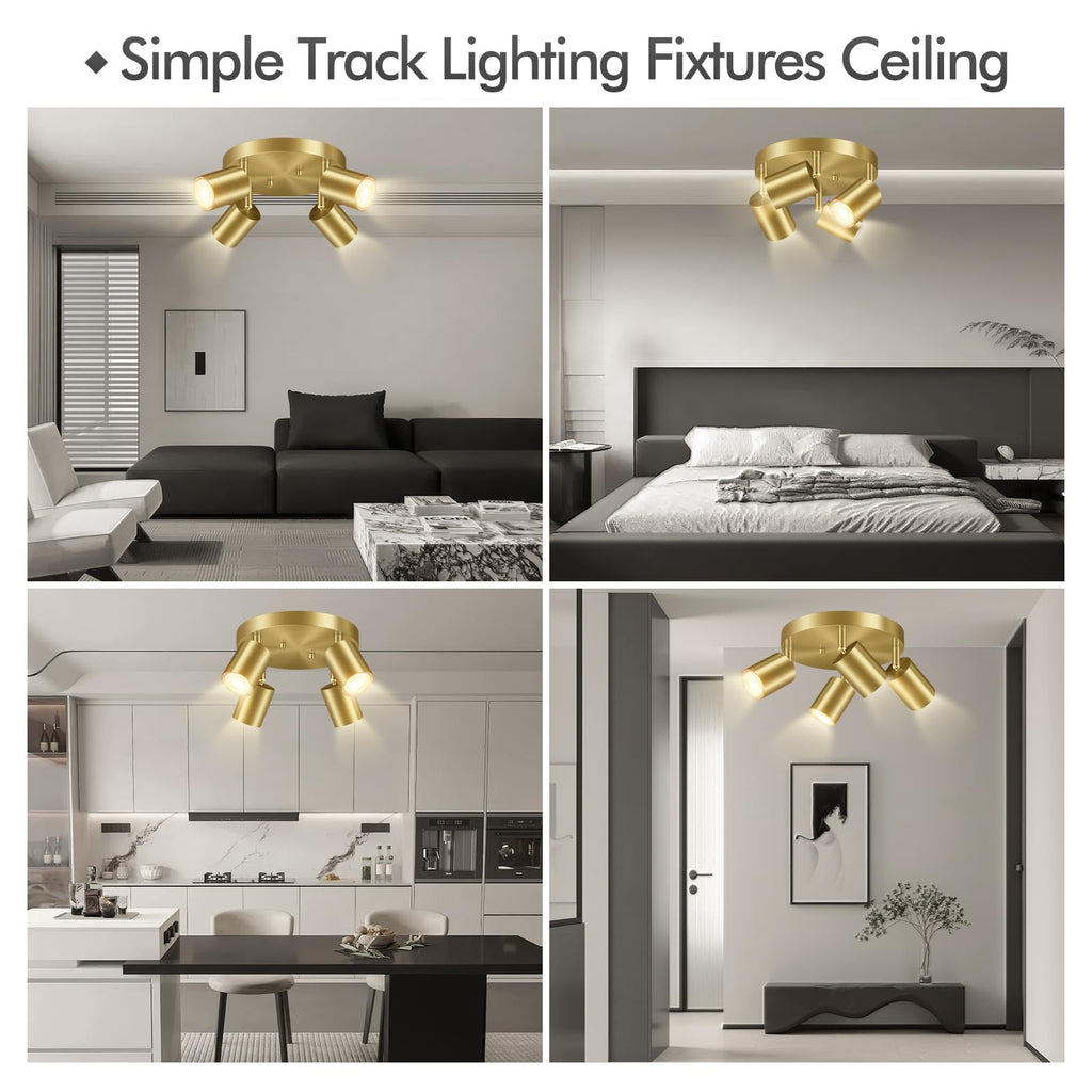 LED 4 Light Track Lighting Kit, LED Track Lighting Fixtures, Gold Round Ceiling Spot Lighting, Flexibly Rotatable
