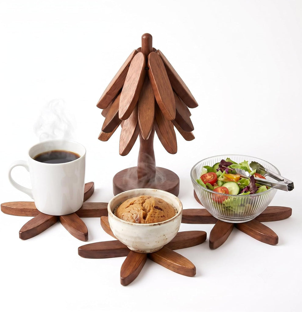 Wooden Trivets for Hot Dishes, 3 Wooden Tree-Trivet Set, Wood Coasters Like Christmas-Tree - Set of 4