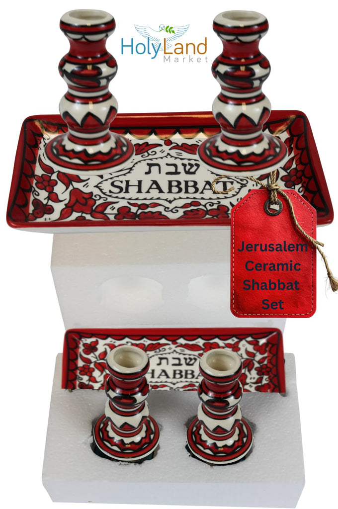 Shabbat Candlesticks Set Ceramic Red Candle Holders