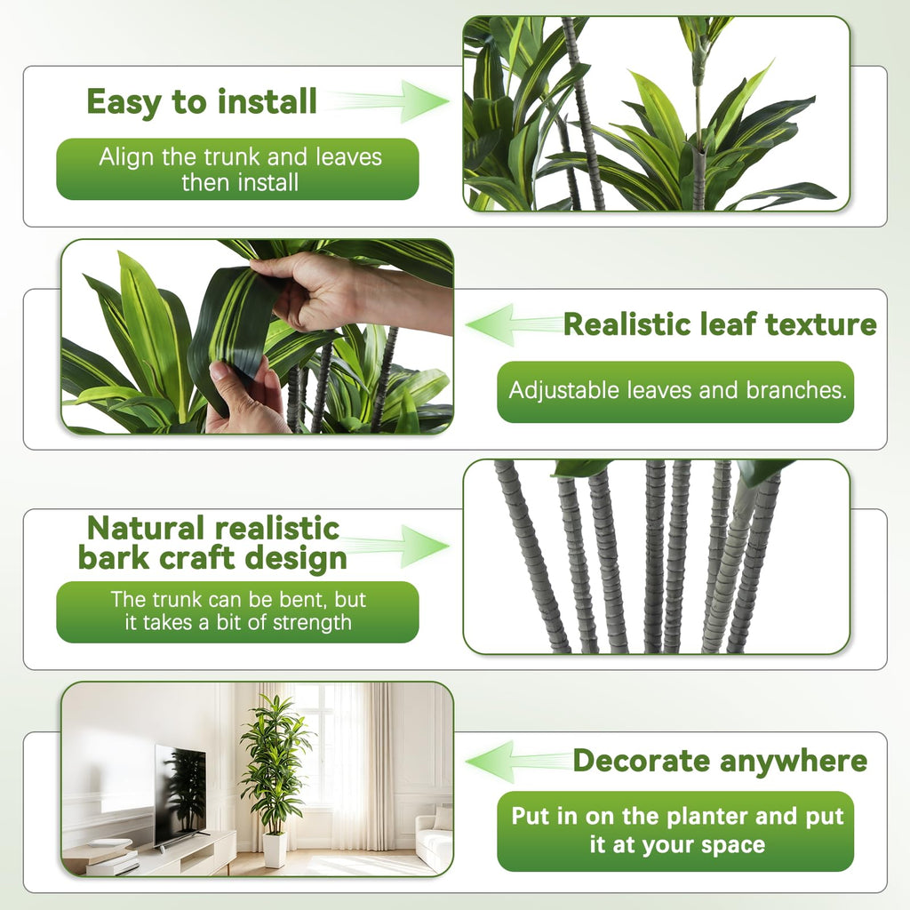 7FT Artificial Dracaena Tree with Tall White Planter - Large Fake Tree with Lifelike Leaves - Tall Faux Floor Plants
