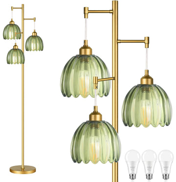 Gold Floor Lamp Bedroom, Modern Tree Floor Lamps with Green Glass Shades, 68IN Tall Standing Lamp with Bulbs, 3 Lights