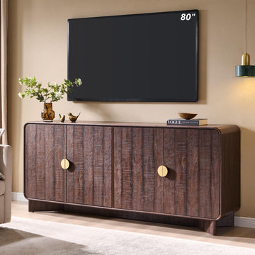 70" Modern TV Stand with Storage, Wood Curved TV Console, Dark Walnut