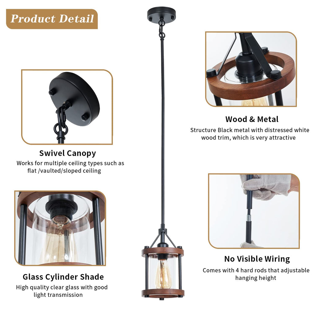Farmhouse Pendant Light, Rustic Walnut Wood Metal Cage Hanging Light Fixtures with Glass, Adjustable for Flat and