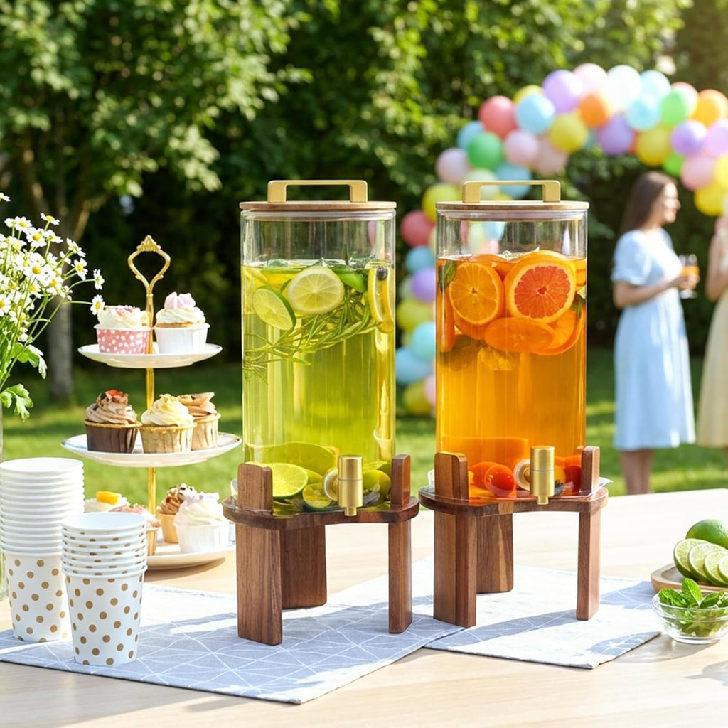 1.5 Gallon Glass Drink Dispenser, Beverage Dispenser With Wood Stand, Lid and Stainless Steel Spigot, Large - Set of 2