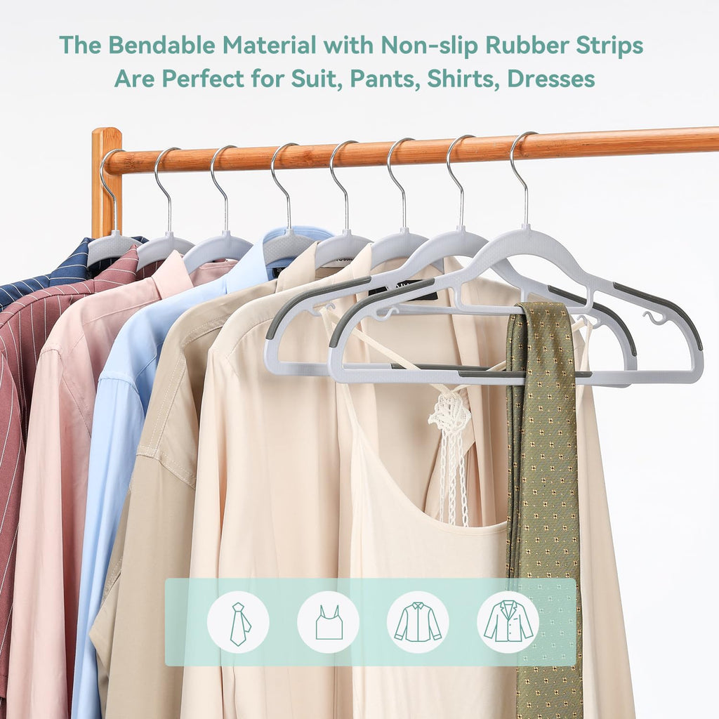 Heavy Duty Plastic Hangers 50 Pack, Non Slip Clothes Hangers with Rubber Pads and 360° Hook - Thin 0.2 Inch, Space
