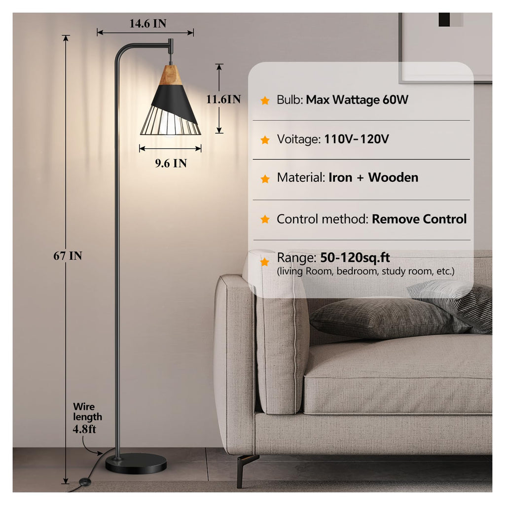 67" Industrial Floor Lamp with Wood & Black Metal Shade, Modern Standing Lamp, Rustic Farmhouse Tall Lamp Bedroom