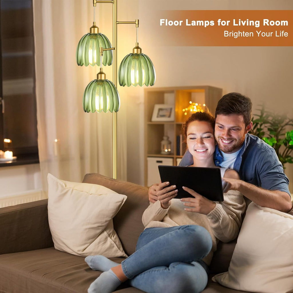 Gold Floor Lamp Bedroom, Modern Tree Floor Lamps with Green Glass Shades, 68IN Tall Standing Lamp with Bulbs, 3 Lights