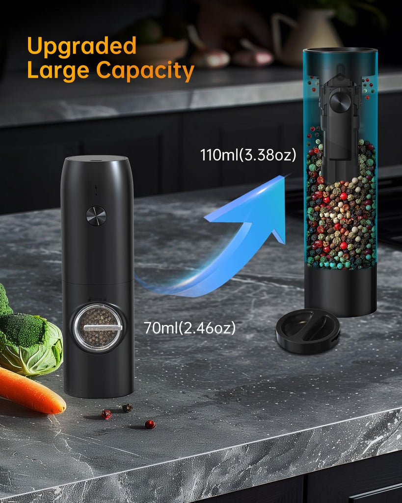 Rechargeable Electric Salt and Pepper Grinder Set with Base, Automatic Pepper Mill Grinders with 110ml Container