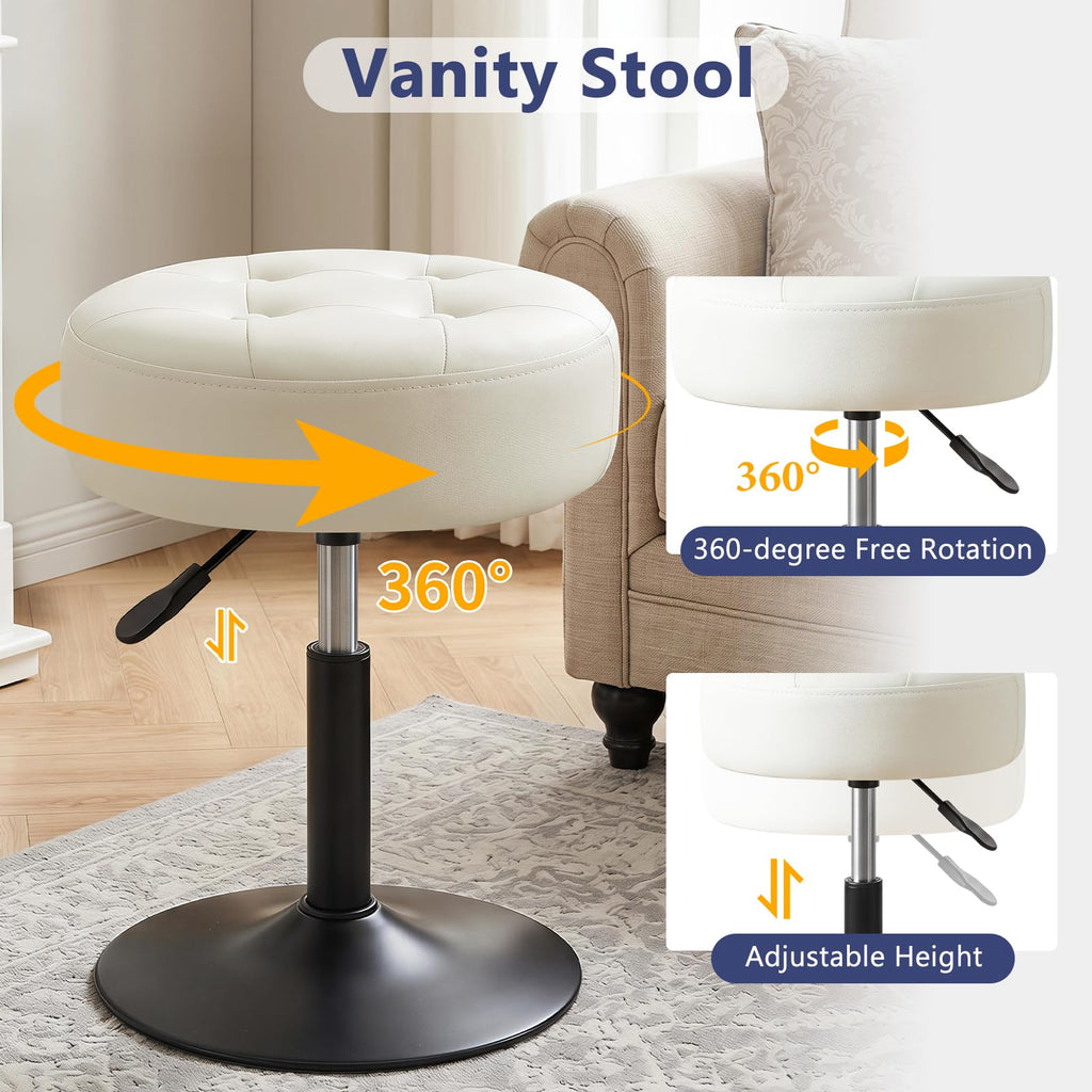 Adjustable Swivel Vanity Stool, Makeup Ottoman Stool, PU Leather Chair for Makeup Room, Small Makeup Stool for