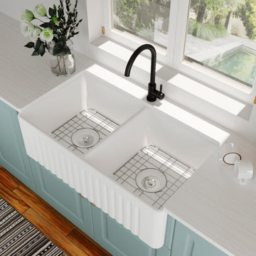Double Bowl Farmhouse Kitchen Sink Fireclay Farm Sink 33 Inch