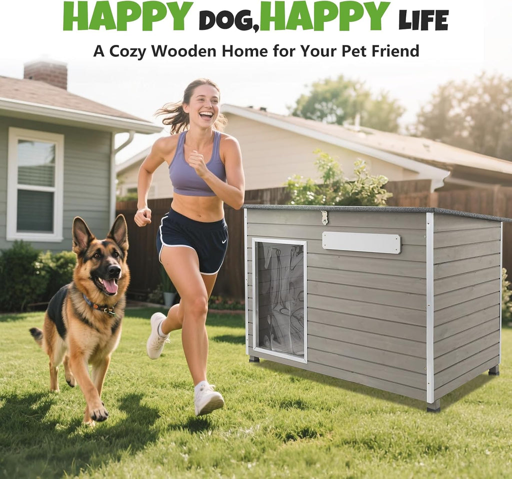 Large Outdoor Dog House, Weatherproof Wood with Chew-Resistant Alloy Frame