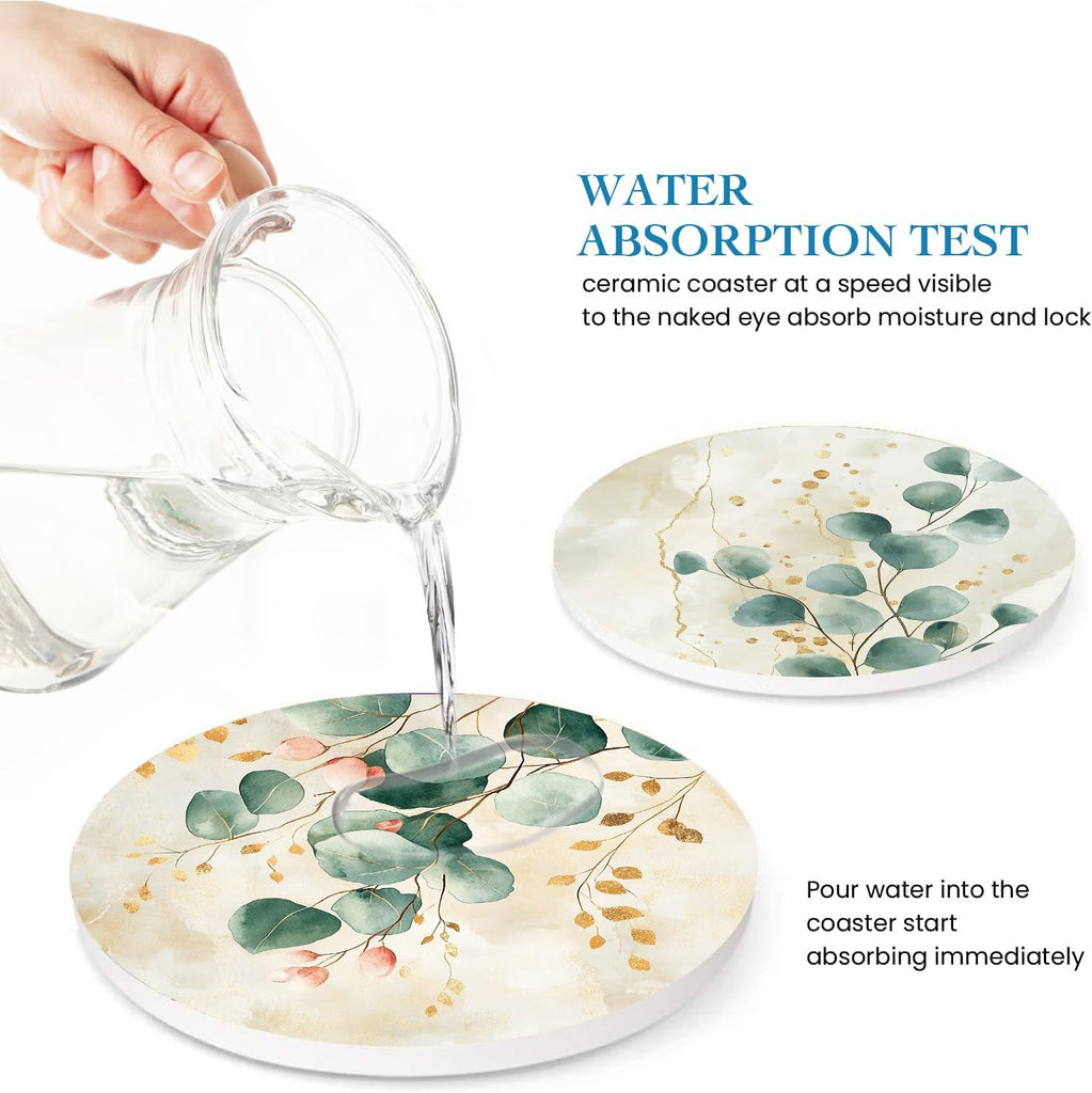 Eucalyptus Green Leaves Beige Marble Coasters for Drinks,Round Absorbent Ceramic Stone Coaster with Metal - Set of 6
