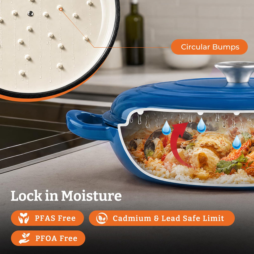 Cast Iron Dutch Oven, 3.8 Quart, Blue, Shallow Braiser & Casserole