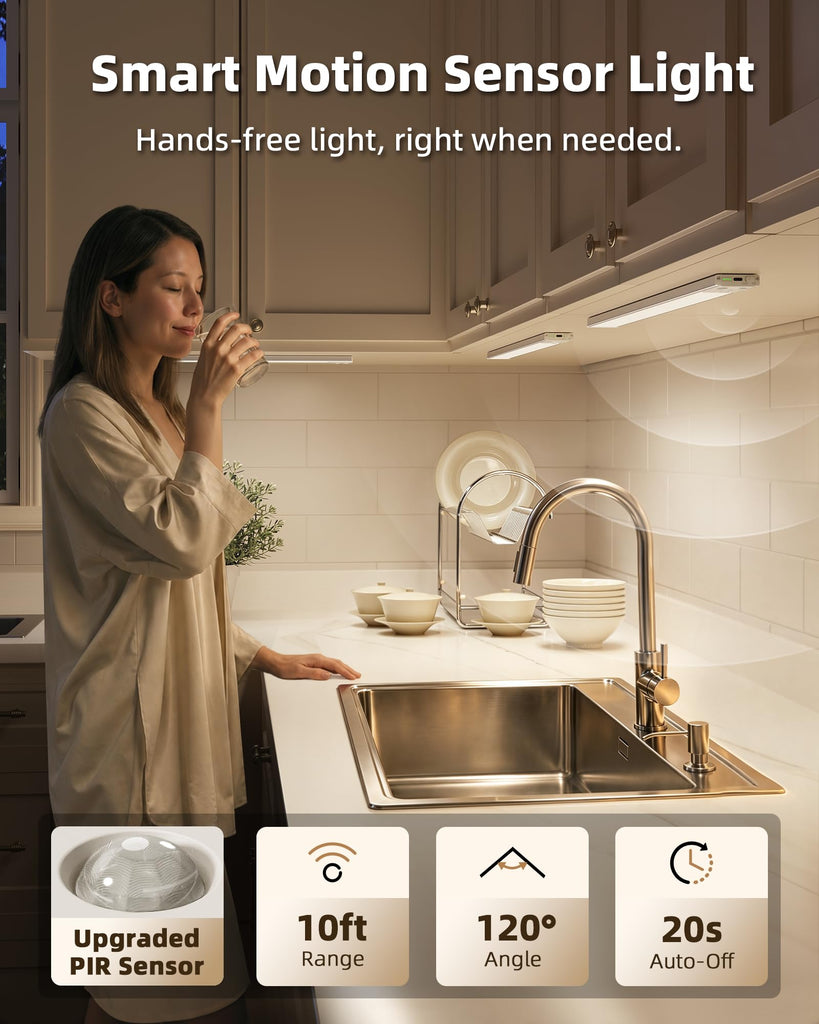 Under Cabinet Lighting Wireless, 6Pack 17'' Rechargeable Closet Lights, LED Motion Sensor Indoor, Dimmable & 3 Color