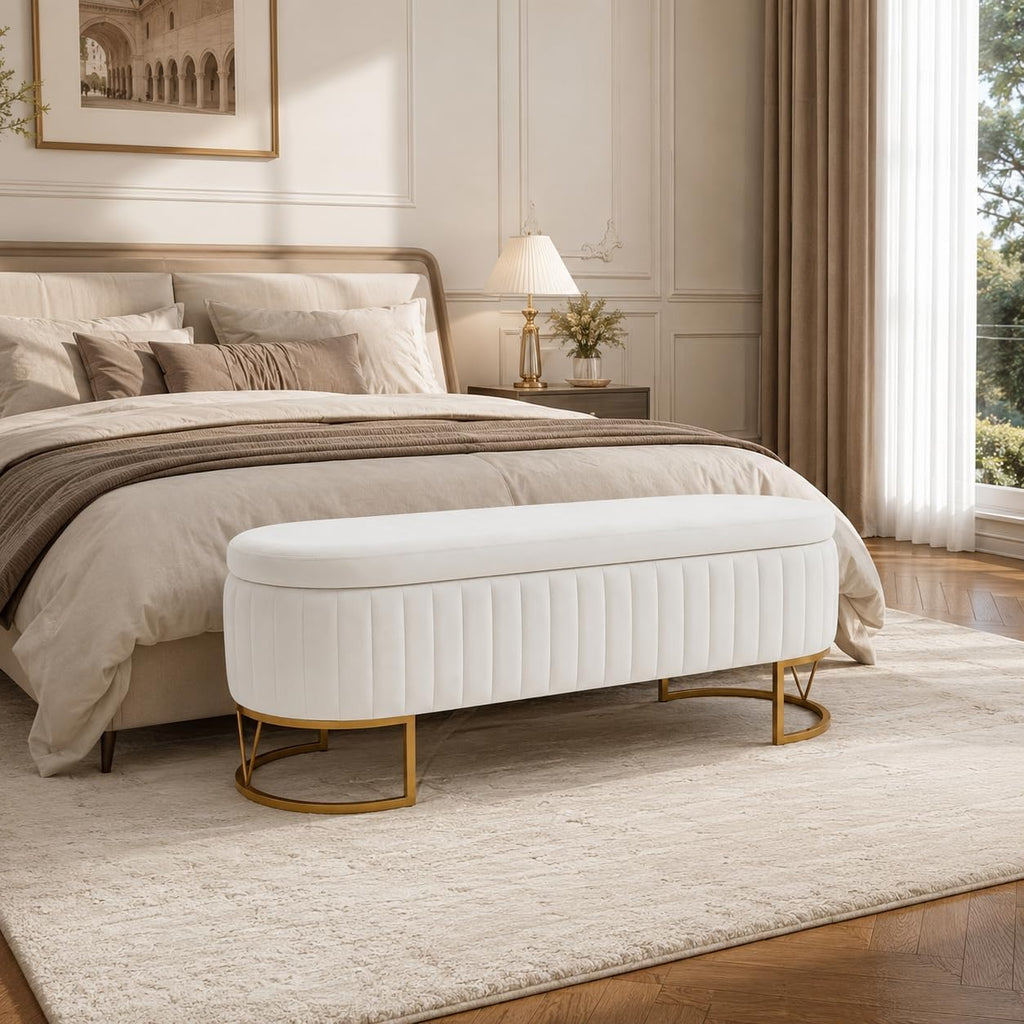 Velvet Storage Bench for Queen Size Bed, 46'' Beige Oval Ottoman, Gold Legs | Easy Assembly, Housewarming Gift