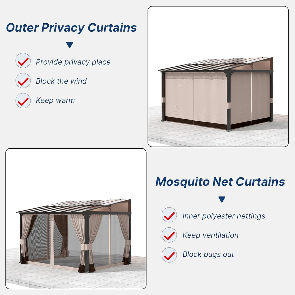 10 FT x 12 FT Lean to Gazebo, 3 in 1 Outdoor Gazebo with Sloped Roof