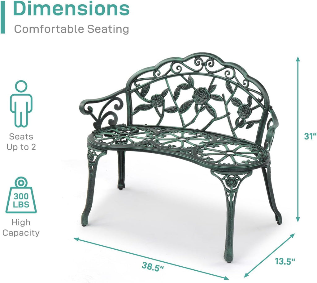 Outdoor Metal Patio Bench, Vintage Porch Bench with Rose Pattern and Curved Legs, Weather Resistant Garden Chair for