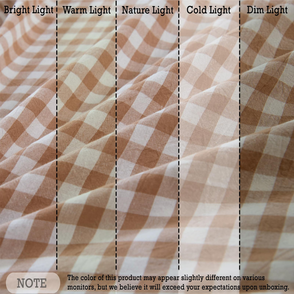 100% Washed Cotton Sheet Set, Taupe Gingham Ruffle, 4 Pieces