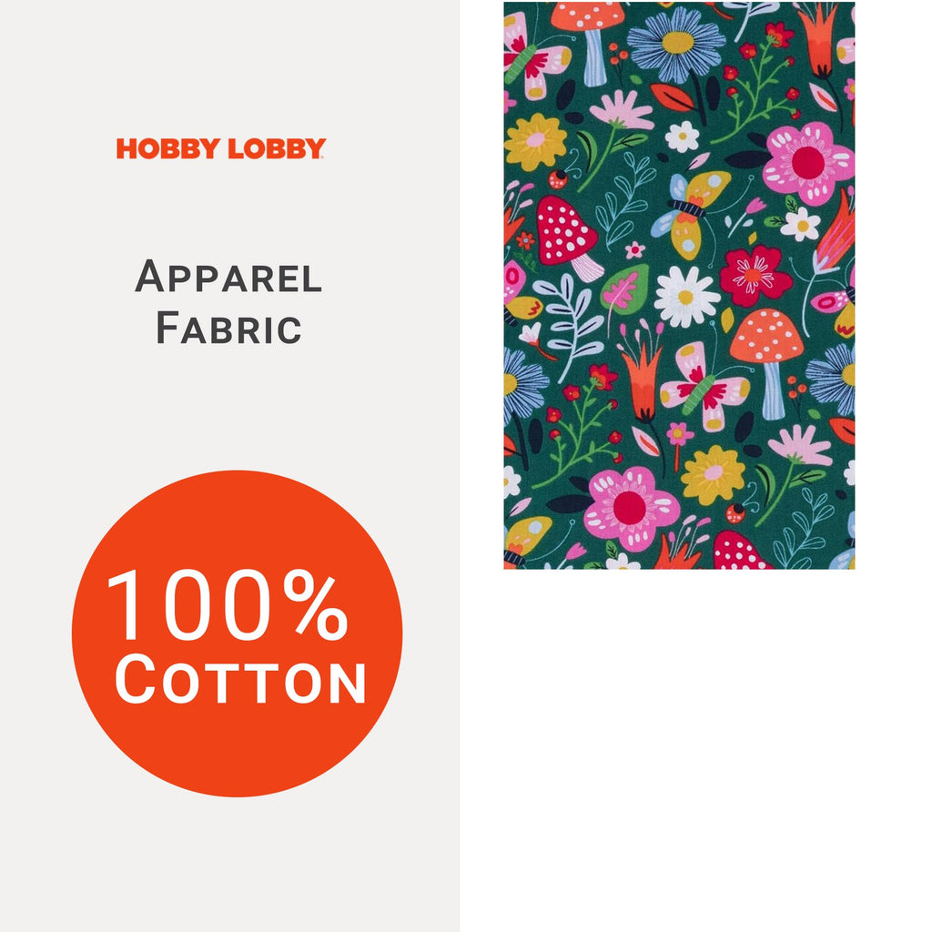 Mushroom Floral Cotton Calico Fabric, 2 Yards