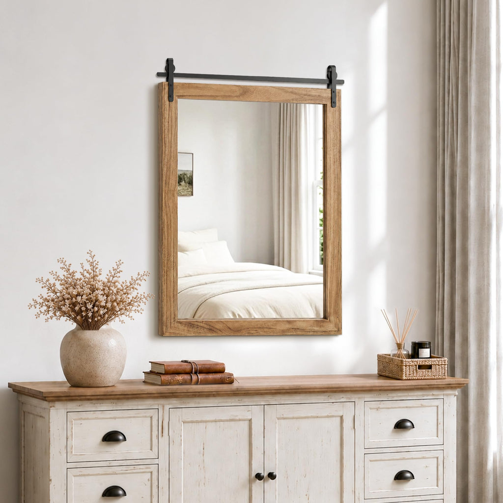 Farmhouse Bathroom Vanity Mirror, 36"x 24" Wood Barn Door Mirror, Light Brown