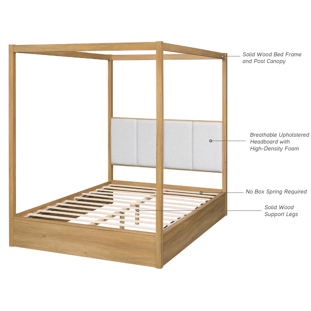 Wood Canopy Bed Frame Queen, Oak Bed w/Solid Wood Posters