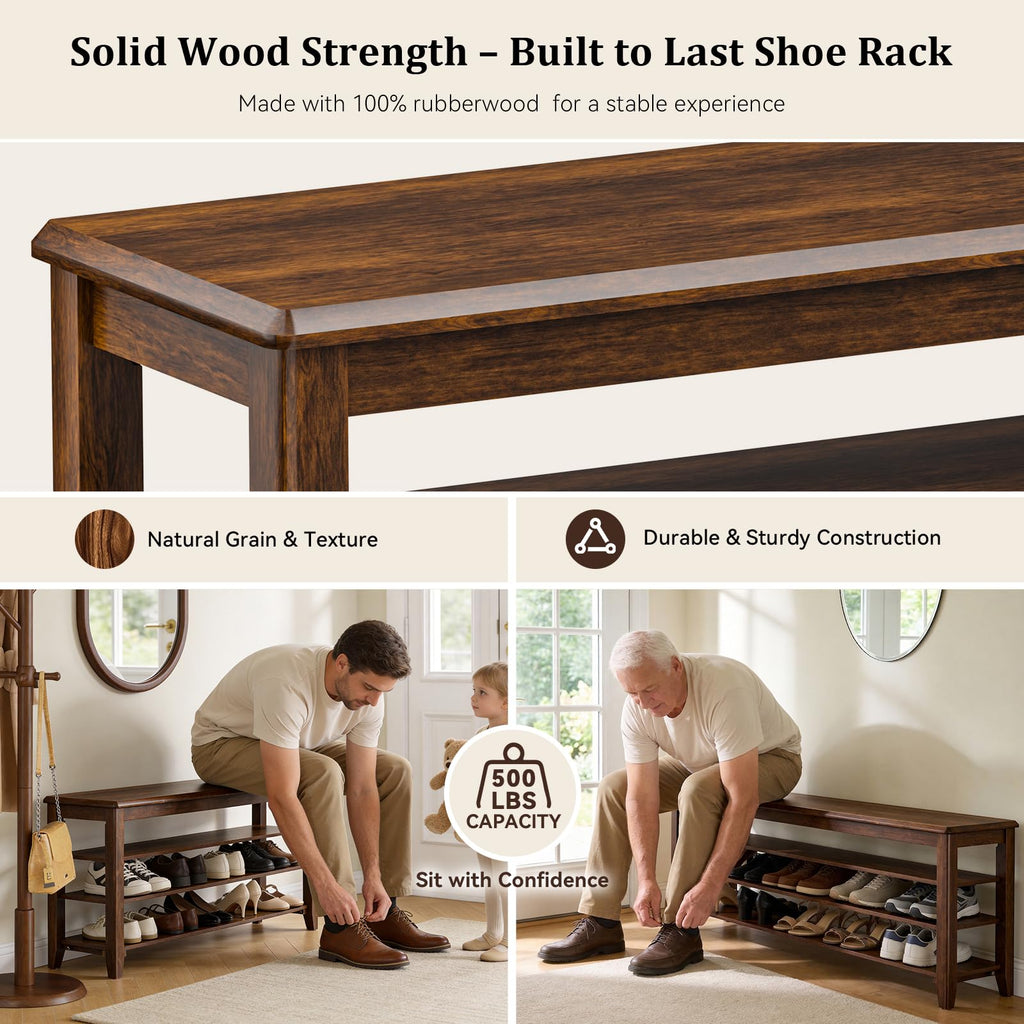 Shoe Bench with 3 Tier Adjustable Shelves Rubberwood Entryway 23.6''